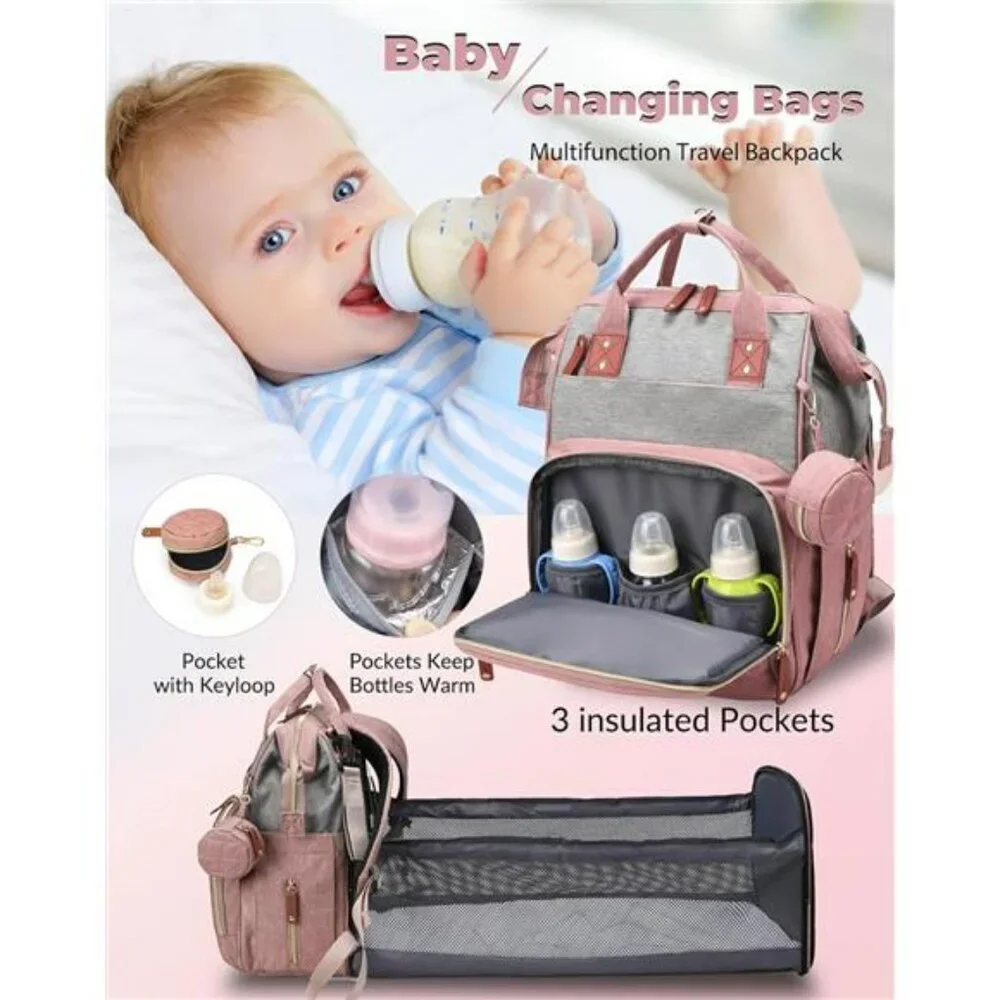 Pink Grey Diaper Bag Backpack with Changing Station Waterproof Baby Travel Bag
